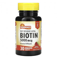 Sundance Vitamins, Fast Dissolve Ultra Biotin, натуральные ягоды, 5000 мкг, 30 быстрорастворимых таблеток