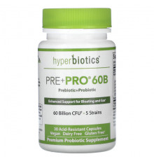 Hyperbiotics, Pre + Pro 60B, 60 млрд КОЕ, 30 кислотостойких капсул