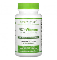 Hyperbiotics, PRO-Women с D-маннозой и клюквой, без добавок, 5 млрд КОЕ, 30 таблеток с замедленным высвобождением