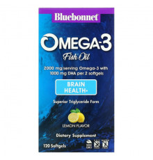 Bluebonnet Nutrition, омега-3 из рыбьего жира, здоровье мозга, лимонный вкус, 120 капсул