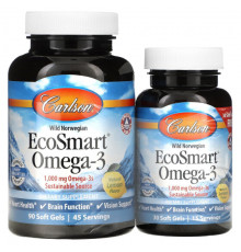 Carlson, EcoSmart Omega-3, натуральный ароматизатор «Лимон», 1000 мг, 90 + 30 желатиновых капсул