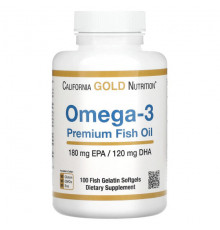 California Gold Nutrition, омега-3, рыбий жир премиального качества, 180 мг ЭПК / 120 мг ДГК, 100 капсул из рыбьего желатина