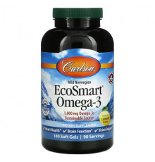 Carlson, EcoSmart Omega-3, натуральный ароматизатор «Лимон», 1000 мг, 90 + 30 желатиновых капсул