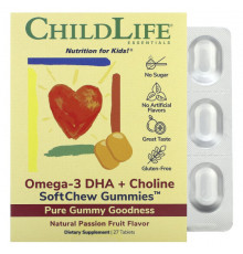 ChildLife Essentials, Essentials, омега-3 с ДГК и холином, жевательные таблетки SoftChew Gummies, со вкусом маракуйи, 27 таблеток