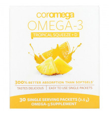 Coromega, Omega-3 + Vit D, тропический апельсин, 30 одноразовых пакетиков, 2,5 г каждый