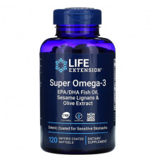 Life Extension, Super Omega-3, рыбий жир с ЭПК и ДГК, лигнанами кунжута и экстрактом оливы, 60 капсул, покрытых кишечнорастворимой оболочкой