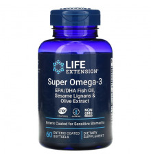 Life Extension, Super Omega-3, рыбий жир с ЭПК и ДГК, лигнанами кунжута и экстрактом оливы, 60 капсул, покрытых кишечнорастворимой оболочкой