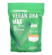 Coromega, Vegan DHA Max, апельсин, 60 индивидуальных пакетиков по 2,5 г