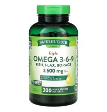 Nature's Truth, Vitamins, Triple Omega 3-6-9, рыба, лен, бурачник, 1200 мг, 200 капсул быстрого действия