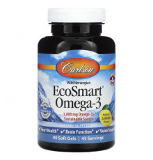 Carlson, EcoSmart Omega-3, натуральный ароматизатор «Лимон», 1000 мг, 90 + 30 желатиновых капсул