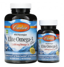 Carlson, Wild Caught, Elite Omega-3 Gems, отборные омега-3 кислоты, натуральный лимонный вкус, 800 мг, 90 +30 мягких таблеток