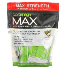 Coromega, Max High Concentrate Omega-3 Fish Oil, Coconut Bliss, 90 выжимок, 2,5 г каждый