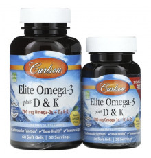 Carlson, Elite Omega-3 с витаминами D и K, натуральный лимонный вкус, 60 (+ 30 бонусных) мягких капсул