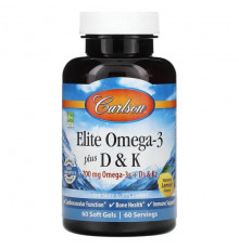 Carlson, Elite Omega-3 с витаминами D и K, натуральный лимонный вкус, 60 (+ 30 бонусных) мягких капсул