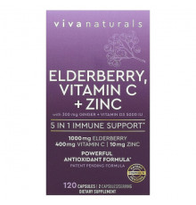 Viva Naturals, Elderberry, витамин C и цинк, поддержка иммунитета 5 в 1, 120 капсул