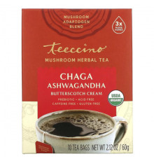 Teeccino, Mushroom Herbal Tea, Organic Reishi Eleuthero, French Roast, Caffeine Free, 10 Tea Bags, 2.12 oz (60 g)