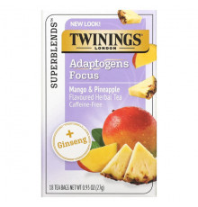 Twinings, Focus Herbal Tea, травяной чай с женьшенем, манго и ананасом, без кофеина, 18 чайных пакетиков, 27 г (0,95 унции)