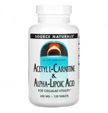 Source Naturals, ацетил-L-карнитин и альфа-липоевая кислота, 650 мг, 60 таблеток