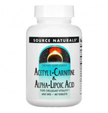 Source Naturals, ацетил-L-карнитин и альфа-липоевая кислота, 650 мг, 60 таблеток