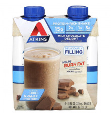 Atkins, Protein Rich Shake, молочный шоколад, 4 коктейля, 325 мл (11 жидк. Унций)