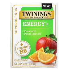 Twinings, Superblends, Energy с витамином B6, зеленый чай с цитрусовыми и яблоками, 16 чайных пакетиков, 29 г (1,02 унции)