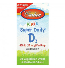 Carlson, Kid's Super Daily D3, 15 мкг (600 МЕ), 90 вегетарианских капель, 2,54 мл (0,086 жидк. Унции)