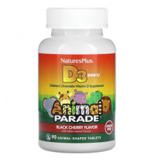 NaturesPlus, Source of Life, Animal Parade, витамин D3, без сахара, с натуральным вкусом черешни, 12,5 мкг (500 МЕ), 90 таблеток в форме животных