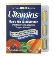 Ultamins Men's 50+ Multivitamin with CoQ10, Mushrooms, Enzymes, Veggies & Berries, 60 Veggie Capsules