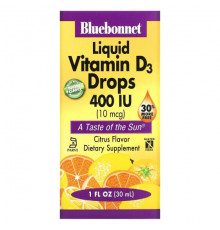 Bluebonnet Nutrition, Жидкий витамин D3 в каплях, натуральный аромат цитрусовых, 400 МЕ, 1 жидк. унц. (30 мл)