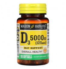 Mason Natural, Витамин D3, 5000 МЕ (125 мкг), 100 мягких таблеток