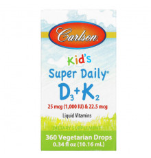 Carlson, Super Daily D3+K2 для детей, 25 мкг (1000 МЕ) и 22,5 мкг, 10,16 мл (0,34 жидк. унции)