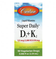 Carlson, Super Daily D3 + K2, 125 мкг (5000 МЕ) и 90 мкг, 90 вегетарианских капель, 2,54 мл (0,086 жидк. Унции)