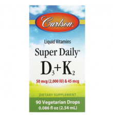 Carlson, Super Daily, витамины D3 и K2, 90 вегетарианских капель, 2,54 мл (0,086 жидк. унции)