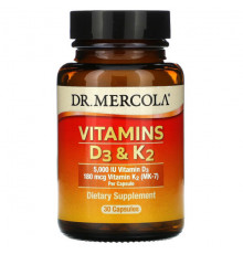 Dr. Mercola, витамины D3 и K2, 30 капсул