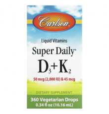 Carlson, Super Daily, витамины D3 + K2 в жидкой форме, 10,16 мл (0,34 жидк. унции)