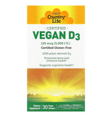 Country Life, Vegan D3, 125 mcg (5,000 IU), 60 Vegan Softgels