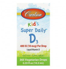 Carlson, Kids Super Daily D3, 10 мкг (400 МЕ), 365 вегетарианских капель, 10,3 мл (0,35 жидк. Унции)