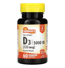 Sundance Vitamins, D3, высокая эффективность, 125 мкг (5000 МЕ), 60 капсул быстрого высвобождения