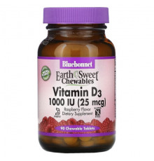 Bluebonnet Nutrition, EarthSweet Chewables, витамин D3, со вкусом малины, 25 мкг (1000 МЕ), 90 жевательных таблеток