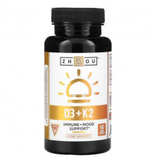 Zhou Nutrition, K2 + D3, поддержка 2-в-1, 60 вегетарианских капсул